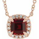 Red Garnet Necklace in 14 Karat Rose Gold 3.5x3.5 mm Square Mozambique Garnet & .05 Carat Diamond 18