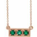 Genuine Emerald Necklace in 14 Karat Rose Gold Emerald Three-Stone Granulated Bar 16-18