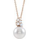 White Pearl Necklace in 14 Karat Rose Gold Freshwater Cultured Pearl & 1/4 Carat Diamond 16-18