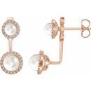 White Pearl Earrings in 14 Karat Rose Gold Freshwater Cultured Pearl & 1/5 Carat Diamond Halo-Style Earrings