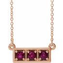 Genuine Ruby Necklace in 14 Karat Rose Gold Ruby Three-Stone Granulated Bar 16-18