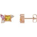 Genuine Sapphire Earrings in 14 Karat Rose Gold Yellow Sapphire, Pink Sapphire, & 1/8 Carat Diamond Earrings