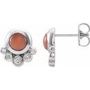 Pink Coral Earrings in 14 Karat White Gold Cabochon Pink Coral & 1/8 Carat Diamond Earrings