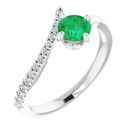 Genuine Emerald Ring in 14 Karat White Gold Emerald & 1/10 Carat Diamond Bypass Ring