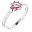 White Diamond Ring in 14 Karat White Gold Pink Tourmaline & .06 Carat Diamond Flower Ring
