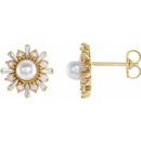 Cultured Akoya Pearl Earrings in 14 Karat Yellow Gold Akoya Pearl, White Opal & 1/6 Carat Diamond Earrings