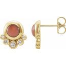 Pink Coral Earrings in 14 Karat Yellow Gold Cabochon Pink Coral & 1/8 Carat Diamond Earrings