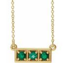 Genuine Emerald Necklace in 14 Karat Yellow Gold Emerald Three-Stone Granulated Bar 16-18