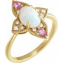 Natural Opal Ring in 14 Karat Yellow Gold Ethiopian Opal, Pink Sapphire & .05 Carat Diamond Vintage-Inspired Ring
