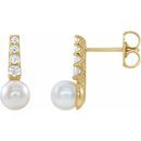 White Pearl Earrings in 14 Karat Yellow Gold Freshwater Cultured Pearl & 1/6 Carat Diamond Earrings