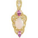 Genuine Opal Pendant in 14 Karat Yellow Gold Opal, Pink Sapphire & 1/10 Carat Diamond Vintage-Inspired Pendant