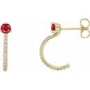 Natural Ruby Earrings in 14 Karat Yellow Gold Ruby & 1/6 Carat Diamond Hoop Earrings
