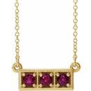 Genuine Ruby Necklace in 14 Karat Yellow Gold Ruby Three-Stone Granulated Bar 16-18