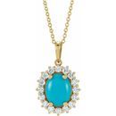 Genuine Turquoise Necklace in 14 Karat Yellow Gold Turquoise & 1/2 Carat Diamond Halo-Style 16-18
