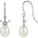Genuine 14 KT White Gold .015 Carat TW Diamond and Freshwater Cultured Pearl Crown Dangle Earrings