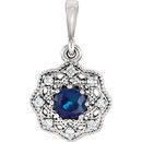 14 Karat White Gold Blue Sapphire & .06 Carat Diamond Halo-Style Pendant