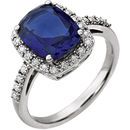 Genuine Chatham Created Sapphire Ring in 14 Karat White Gold Created Cushion Genuine Sapphire & .07 Carat Diamond Ring