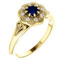 14 Karat Yellow Gold Blue Sapphire & .06 Carat Diamond Ring Vintage-Inspired Halo-Style Ring