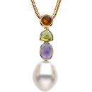 14 KT Yellow Gold Multicolor Gemstone & 12mm South Sea Cultured Circle Pearl Pendant