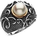 Sterling Silver & 14 KT Yellow Gold Freshwater Cultured Pearl Ring Size 7