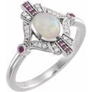 Genuine Opal Ring in Sterling Silver Cabochon Ethiopian Opal, Pink Sapphire & .06 Carat Diamond Ring