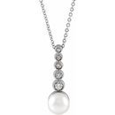 Genuine Akoya Pearl Necklace in Sterling Silver Cultured Akoya Pearl & 1/8 Carat Diamond Bar 16-18