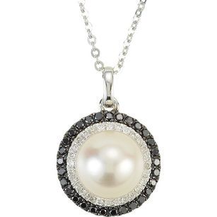 Genuine 14 Karat White Gold Freshwater Pearl & 0.25 Carat Black & White Diamond 18