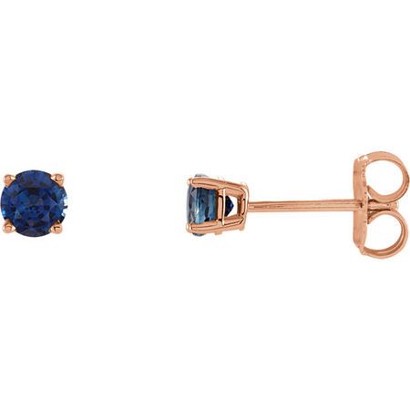 Genuine  14 Karat Rose Gold 4mm Round Genuine Chatham Blue Sapphire Earrings