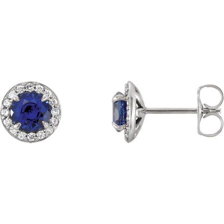 14 Karat White Gold 3.5mm Round Genuine Chatham Blue Sapphire & 0.17 Carat Diamond Earrings
