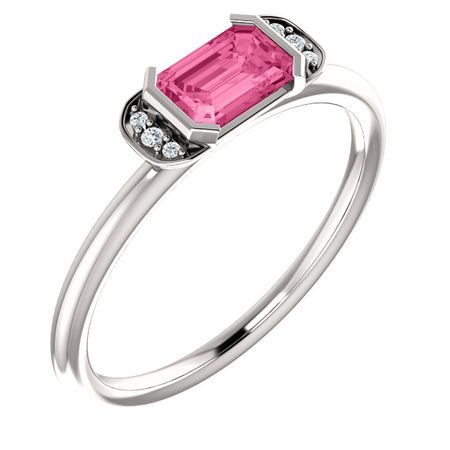 14 Karat White Gold  Pink Tourmaline & .02 Carat Diamond Stackable Ring