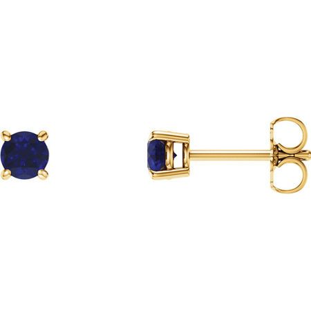 14 Karat Yellow Gold 5mm Round Genuine Chatham Blue Sapphire Earrings