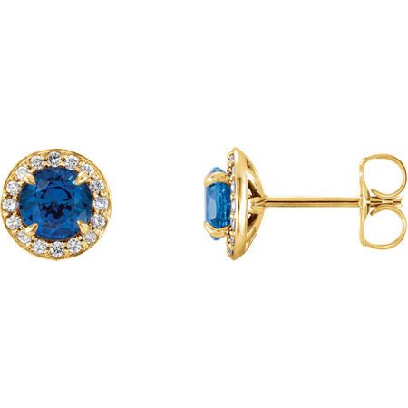 14 Karat Yellow Gold 5mm Round Genuine Chatham Sapphire & 0.17 Carat Diamond Earrings
