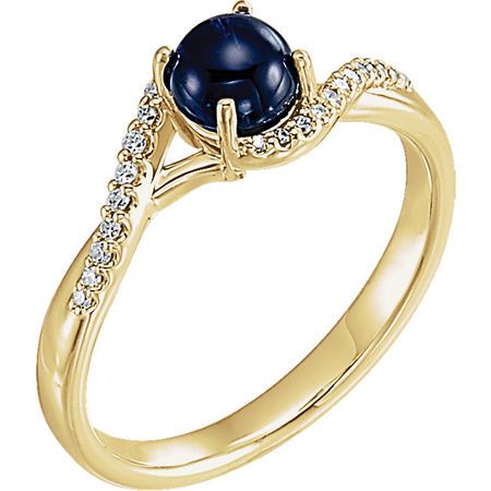 14 Karat Yellow Gold Cabochon Blue Sapphire and .08 Carat Diamond Ring