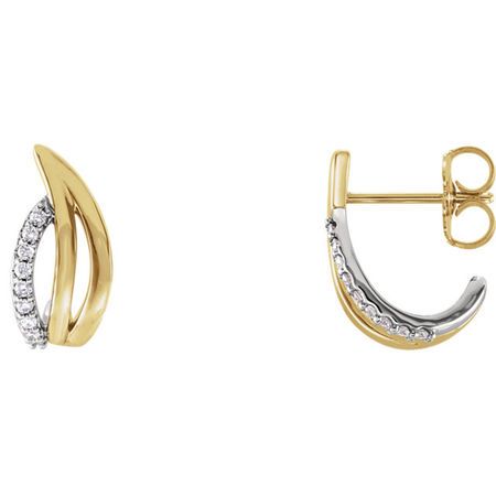 White Diamond Earrings in 14 Karat Yellow & White Gold 1/10 Carat Round Diamond Freeform J-Hoop Earrings