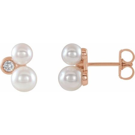 14 Karat Rose Gold Akoya Cultured Pearl & .125 Carat Weight Diamond Earrings
