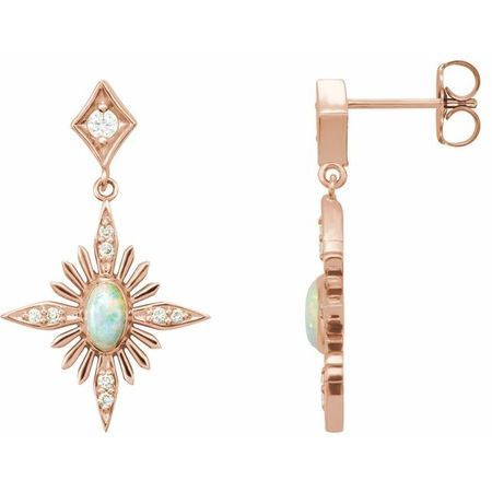 Fire Opal Earrings in 14 Karat Rose Gold Australian Opal & 1/6 Carat Diamond Celestial Earrings