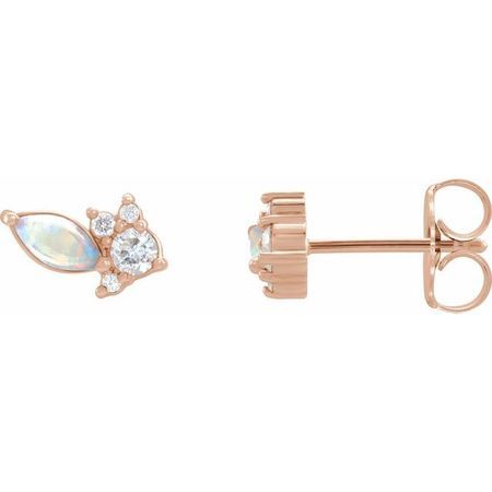 Fire Opal Earrings in 14 Karat Rose Gold Australian Opal & 1/6 Carat Diamond Cluster Earrings