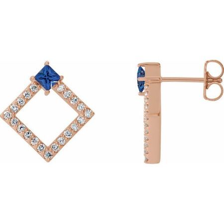 Created Sapphire Earrings in 14 Karat Rose Gold Chatham Lab-Created Genuine Sapphire & 1/3 Carat Diamond Earrings