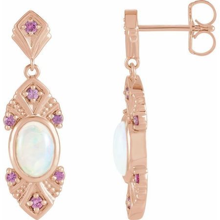Fire Opal Earrings in 14 Karat Rose Gold Ethiopian Opal & Pink Sapphire Vintage-Inspired Earrings