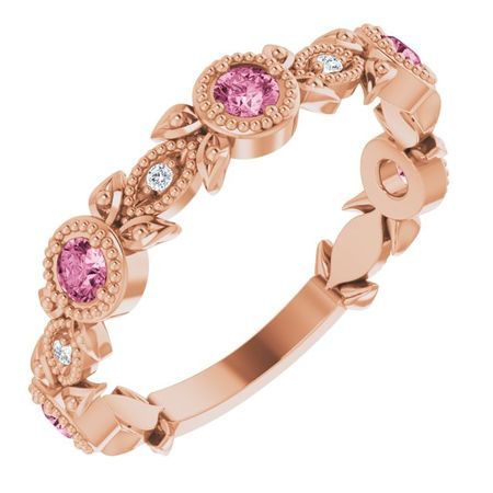 Pink Tourmaline Ring in 14 Karat Rose Gold Pink Tourmaline & .03 Carat Diamond Leaf Ring