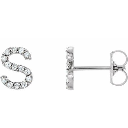 White Diamond Earrings in 14 Karat White Gold .05 Carat Diamond Single Initial S Earring
