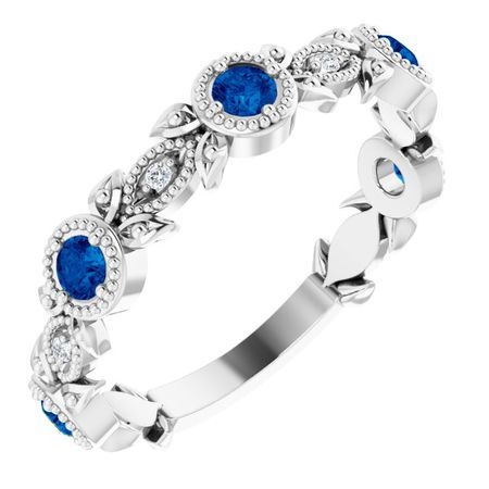 Genuine Sapphire Ring in 14 Karat White Gold Genuine Sapphire & .03 Carat Diamond Leaf Ring