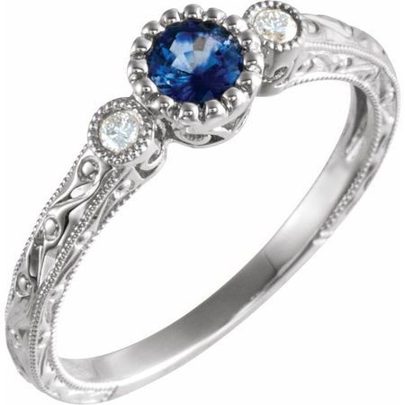 Genuine Sapphire Ring in 14 Karat White Gold Genuine Sapphire & .04 Carat Diamond Ring