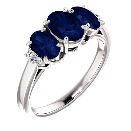 14 Karat White Gold Genuine Chatham Blue Sapphire & .05 Carat Diamond Ring