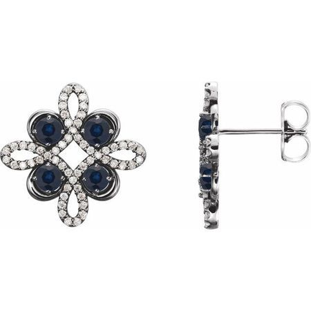 Created Sapphire Earrings in 14 Karat White Gold Chatham Created Genuine Sapphire & 1/4 Carat Diamond Earrings