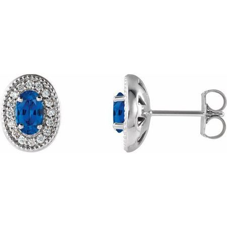 Created Sapphire Earrings in 14 Karat White Gold Chatham Created Genuine Sapphire & 1/8 Carat Diamond Halo-Style Earrings