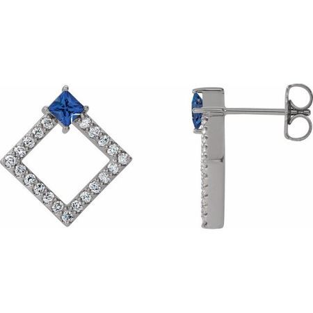 Created Sapphire Earrings in 14 Karat White Gold Chatham Lab-Created Genuine Sapphire & 1/3 Carat Diamond Earrings