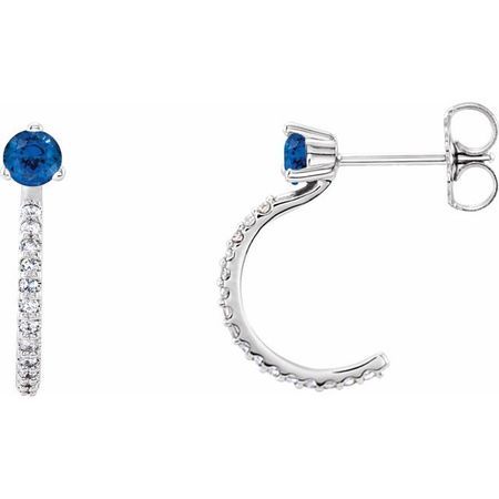 Created Sapphire Earrings in 14 Karat White Gold Chatham Lab-Created Genuine Sapphire & 1/6 Carat Diamond Hoop Earrings