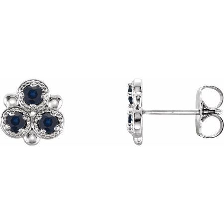 Created Sapphire Earrings in 14 Karat White Gold Chatham Lab-Created Genuine Sapphire Three-Stone Earrings