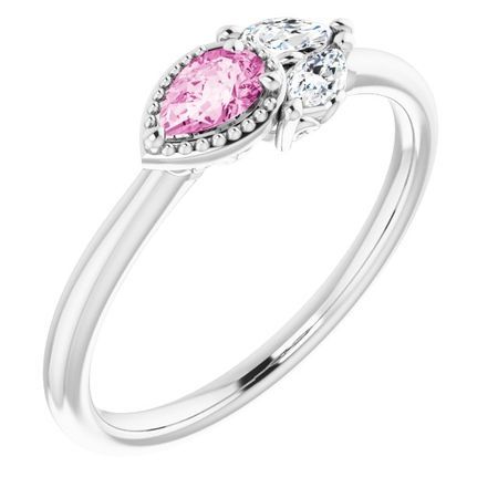 Genuine Sapphire Ring in 14 Karat White Gold Pink Sapphire & 1/8 Carat Diamond Ring